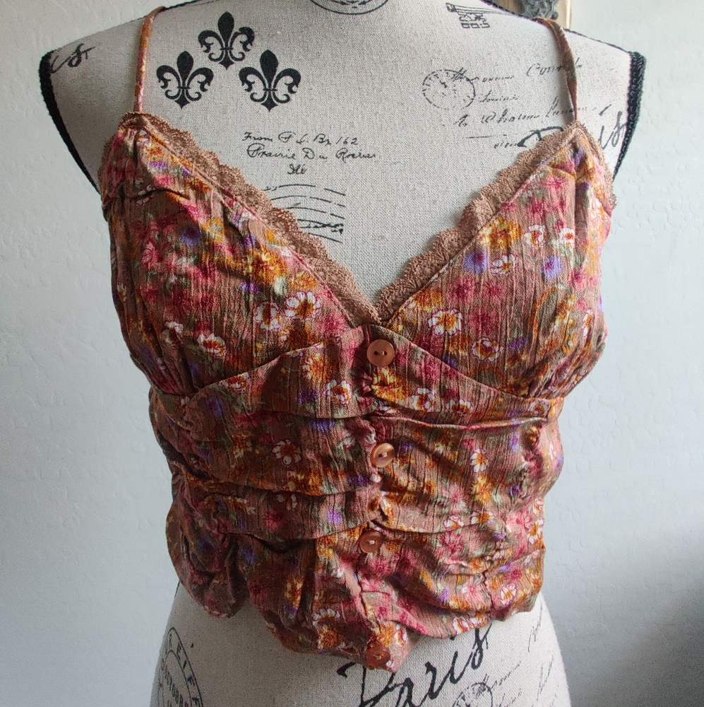 🆕 Pink Rose cottagecore boho bohemian Brown Floral lace ruched cropped top_Med